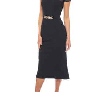 Marina Boat Neck Cap Sleeves Scuba Crepe Illusion Midi Bodice Dress