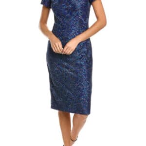 JS Collections Boat Neck Short Sleeve Embroidered Zipper Back Soutache Cocktail Embroidered Mesh Dress