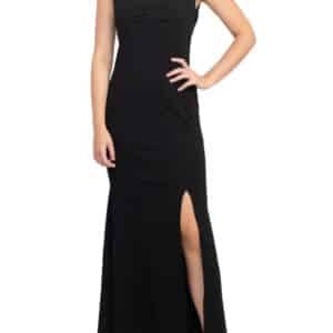 SL Fashion V-Neck Sequined Shoulder Sleeveless Slit Front Zipper Back Dress