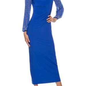 Marina Beaded Long Sleeves Elastic Cuffs Bateau Neckline Back Zip Closure Sheath Gown Dress (Plus Size)