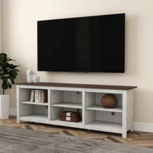 Farmhouse TV Stand in Grey Oak with Brown Wood Finish Top for TVs up to 70-inch