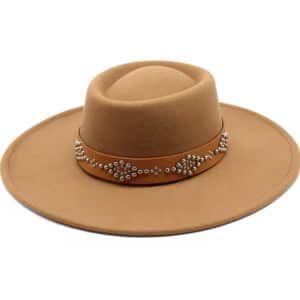 Round Widebrim Nailhead Fedora Hat - Brown with Decorative Beads and Buckle Closure