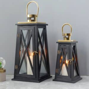 Set of 2-12''&18''H Farmhouse Wooden Lantern(Black Trapezoid)