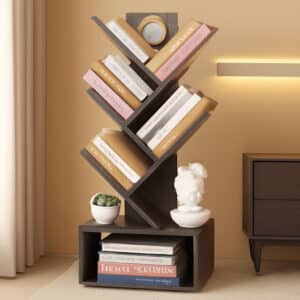 6 Tier Tree Bookshelf Bookcase With Drawer Grey Office