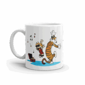 Calvin and Hobbes Dancing with Record Player Mug