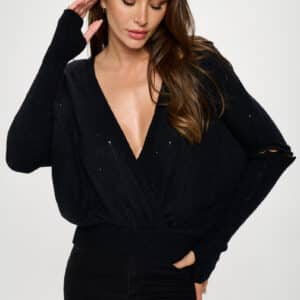 Black V neck Surplice Tunic Sweater with Sleeve Detail