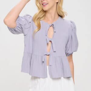 Linen Solid Puff Sleeve Top with Front Bow Detail