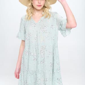 Floral Print V Neck Tiered Dress