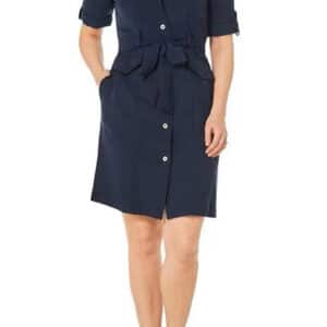Sharagano Collared Chuffed Sleeve Button Down Belt Hoop Tie Waist Rayon Dress