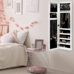 NNECW LED Lights Wall Door Mounted Jewelry Cabinet with Full Length Mirror