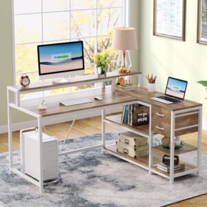 L Shaped Desk With Drawers And Monitor Stand Beige Wood