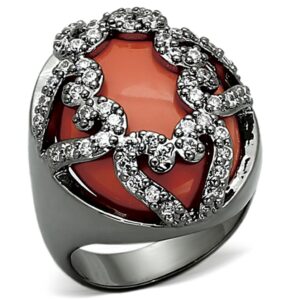 LOA886 - Ruthenium Brass Ring with Synthetic Cat Eye in Orange
