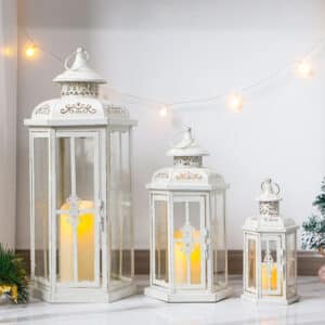 Set of 3-20''&14"&10" H Candle Lanterns (White with Gold Brush)